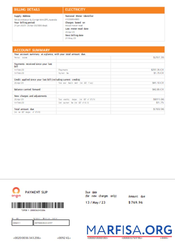 Printable Origin utility business bill, page 2, SCR template